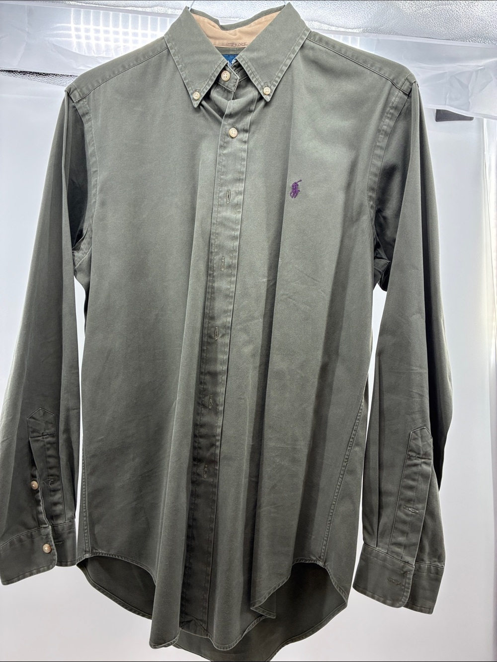 Ralph Lauren Olive Green Button-Down Dress Shirt with Purple Pony
